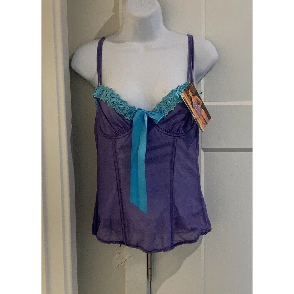 Elegant Moments Women’s Teddiette Sz 36 Purple Blue Corset with Garter & Thong M